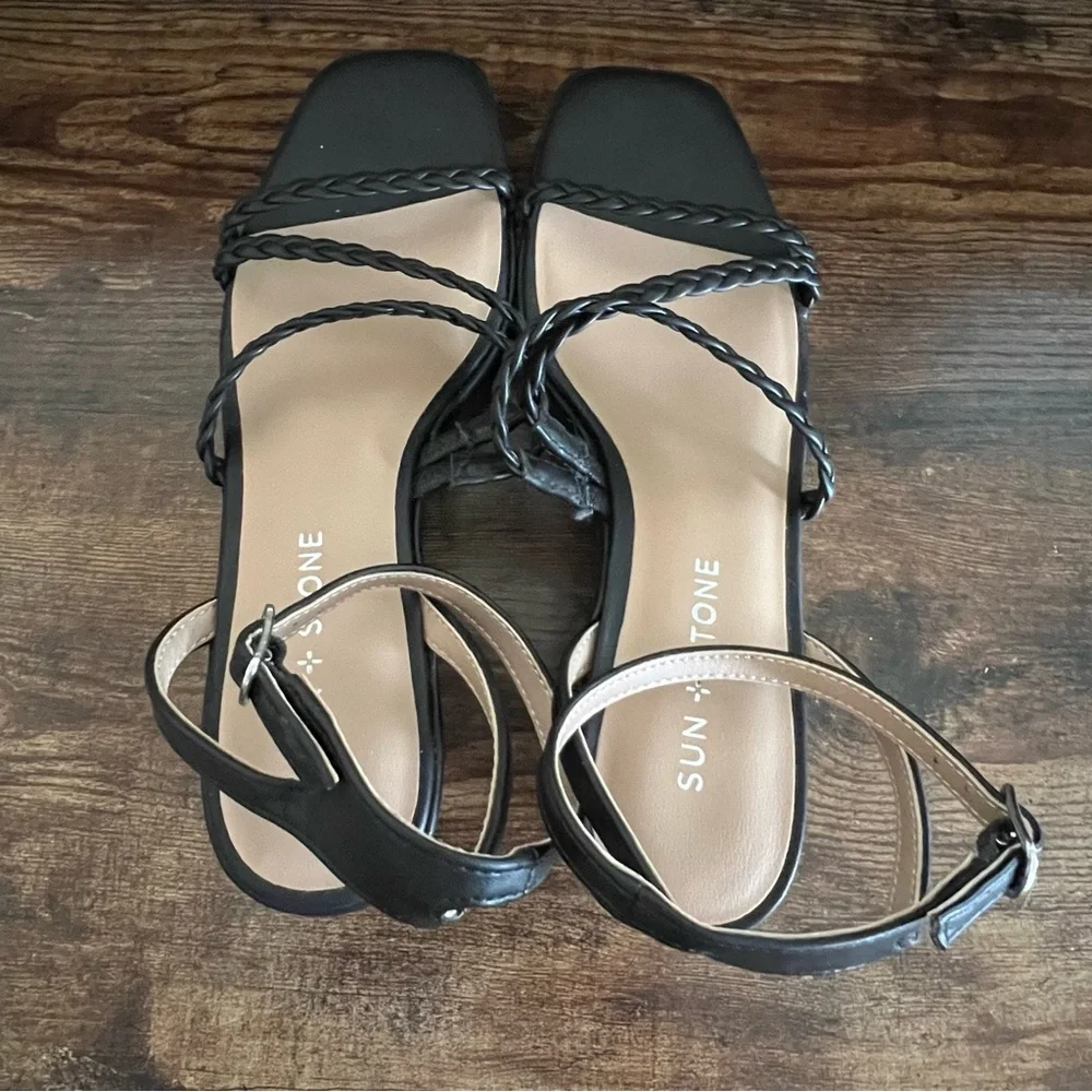 Sun + Stone Alyssaa Black Platform Wedge Braided Straps Ankle Strap Women's 8